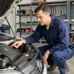 Mécanicien montrant les organes mécaniques sous le capot d'une voiture dans un garage moderne