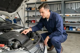 Mécanicien montrant les organes mécaniques sous le capot d'une voiture dans un garage moderne