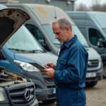Mécanicien homme inspectant un van en extérieur