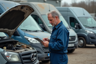 Mécanicien homme inspectant un van en extérieur