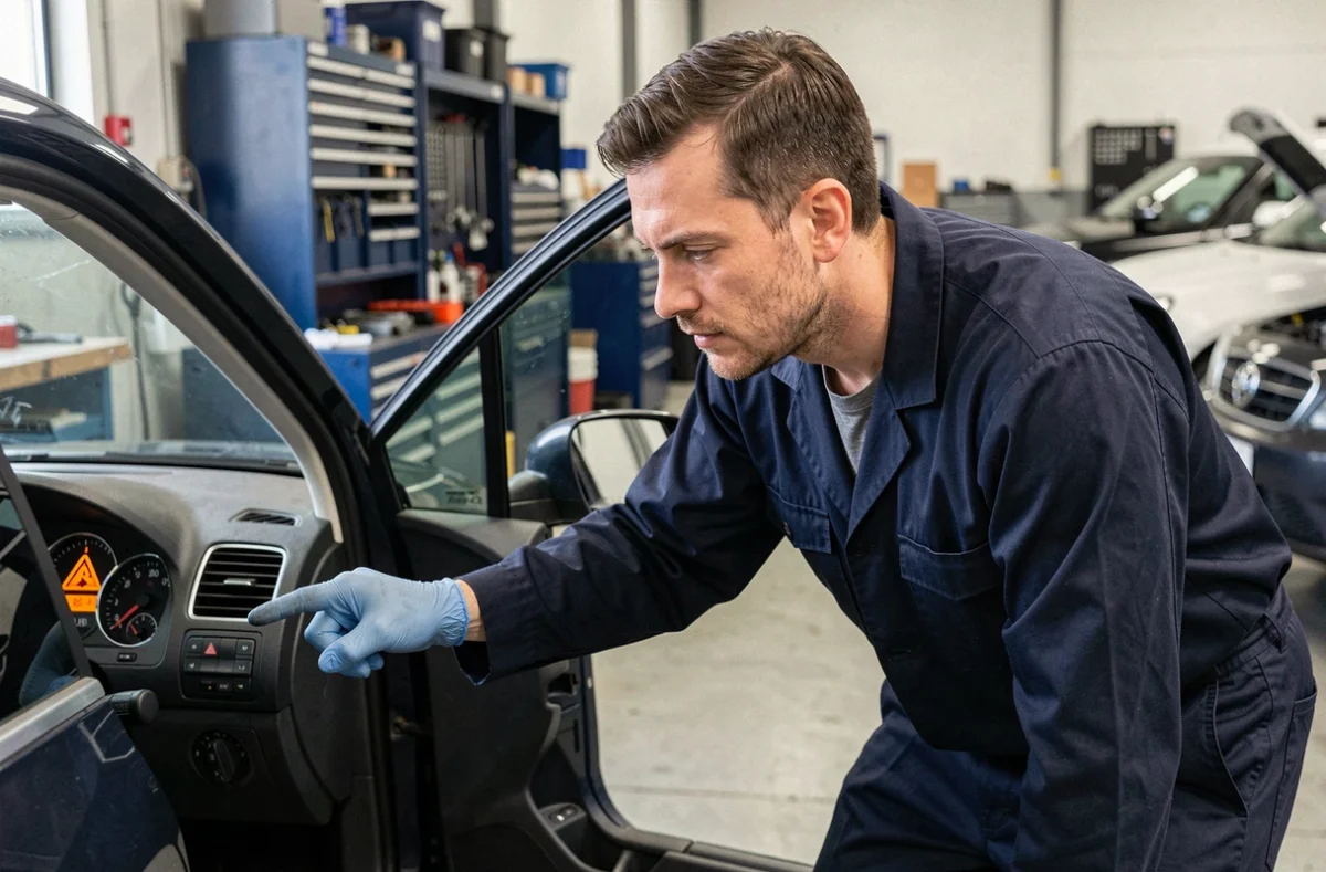 Mécanicien identifiant le voyant triangle orange sur le tableau de bord d'une Volkswagen