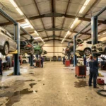 Vue panoramique d'un garage automobile professionnel en Centre-Val de Loire avec mécaniciens au travail