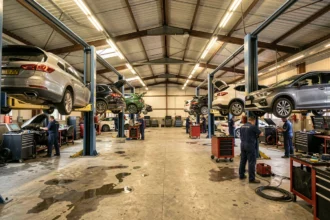 Vue panoramique d'un garage automobile professionnel en Centre-Val de Loire avec mécaniciens au travail