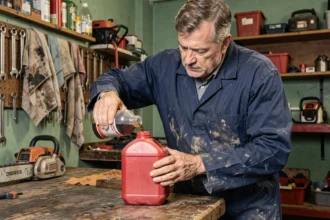 Mécanicien préparant un mélange 2T économique en versant de l'huile deux temps dans un bidon d'essence dans un atelier garage