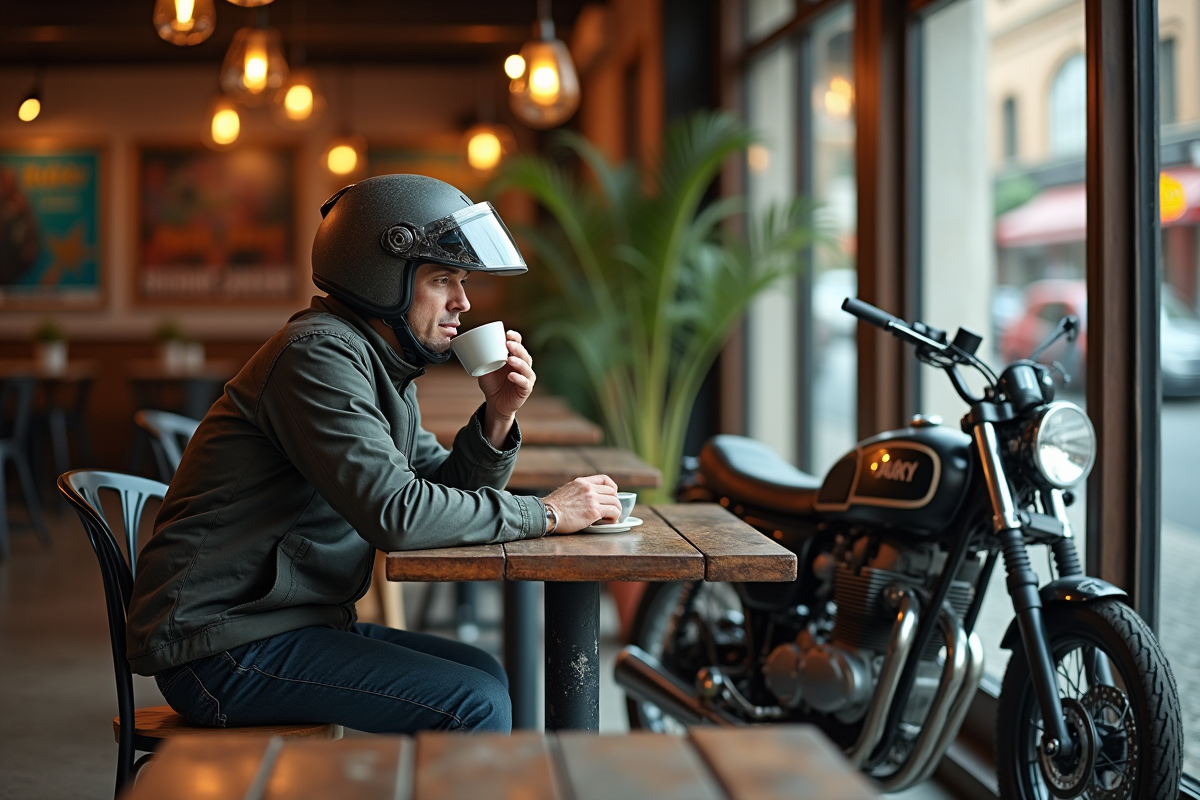 Motard en textile et casque buvant un café au café routier