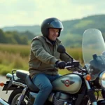 Motard homme en tenue de touring sur une moto classique