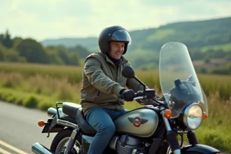 Motard homme en tenue de touring sur une moto classique