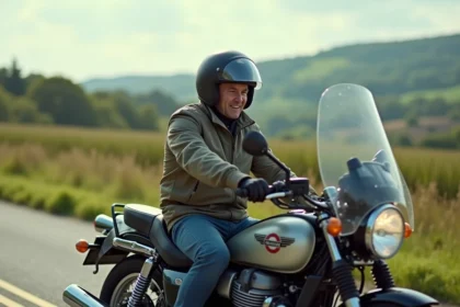 Motard homme en tenue de touring sur une moto classique