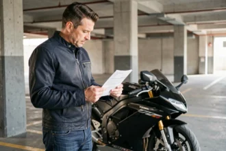 Motard en veste sombre consultant un document d'assurance moto dans un parking urbain en béton