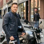 Motard debout à côté de sa Honda CB500F sur un trottoir urbain, tenant son casque intégral sous le bras