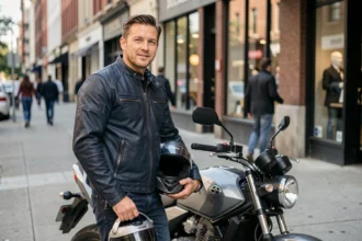 Motard debout à côté de sa Honda CB500F sur un trottoir urbain, tenant son casque intégral sous le bras