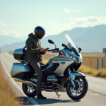 Homme en équipement moto à côté de sa moto en campagne