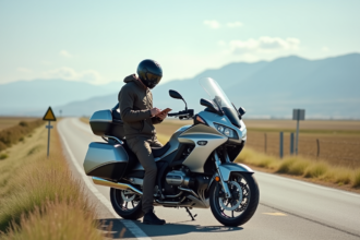 Homme en équipement moto à côté de sa moto en campagne