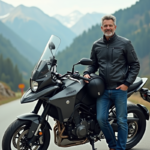 Homme en moto devant un paysage montagneux