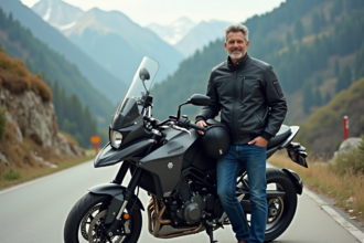 Homme en moto devant un paysage montagneux