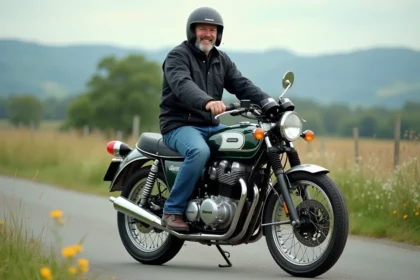 Homme en veste noire et casque vintage sur une Kawasaki kz400j