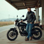 Jeune homme en moto devant une station essence rurale