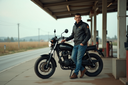Jeune homme en moto devant une station essence rurale
