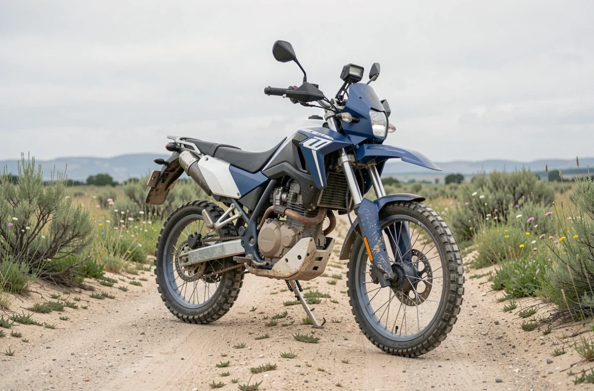 Moto trail double usage garée sur un chemin de gravier en pleine nature, pneus tout-terrain et protection moteur visibles