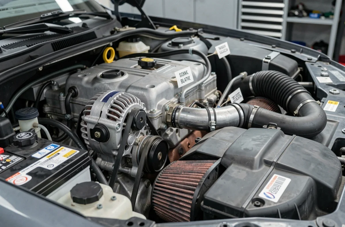 Vue détaillée des organes mécaniques essentiels d'un moteur de voiture avec étiquettes explicatives