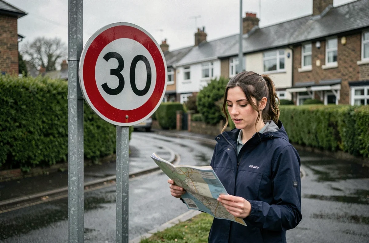 Panneau de limitation de vitesse 30 mph au bord d'une route britannique avec une touriste consultant une carte papier dans un quartier résidentiel anglais