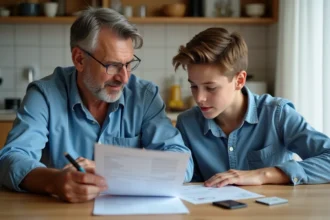 Père et fils étudiant un contrat d'assurance voiture à la maison