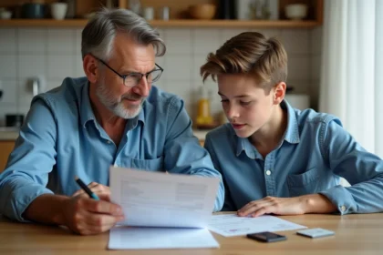 Père et fils étudiant un contrat d'assurance voiture à la maison