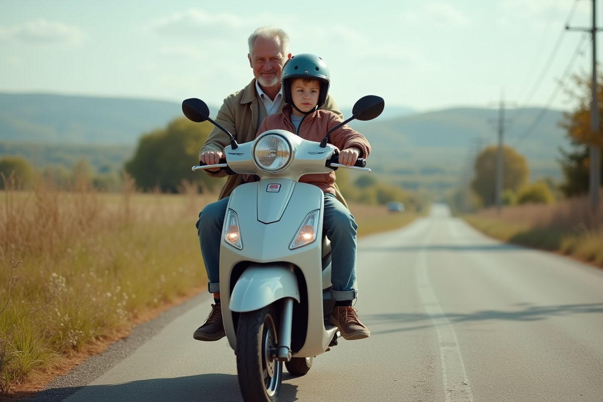 Un père et son fils se préparent à partir en scooter à la campagne