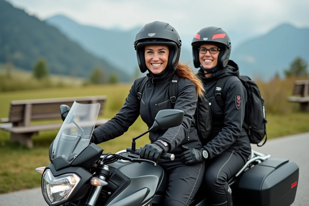 Femme passagere souriante sur une moto sport touring