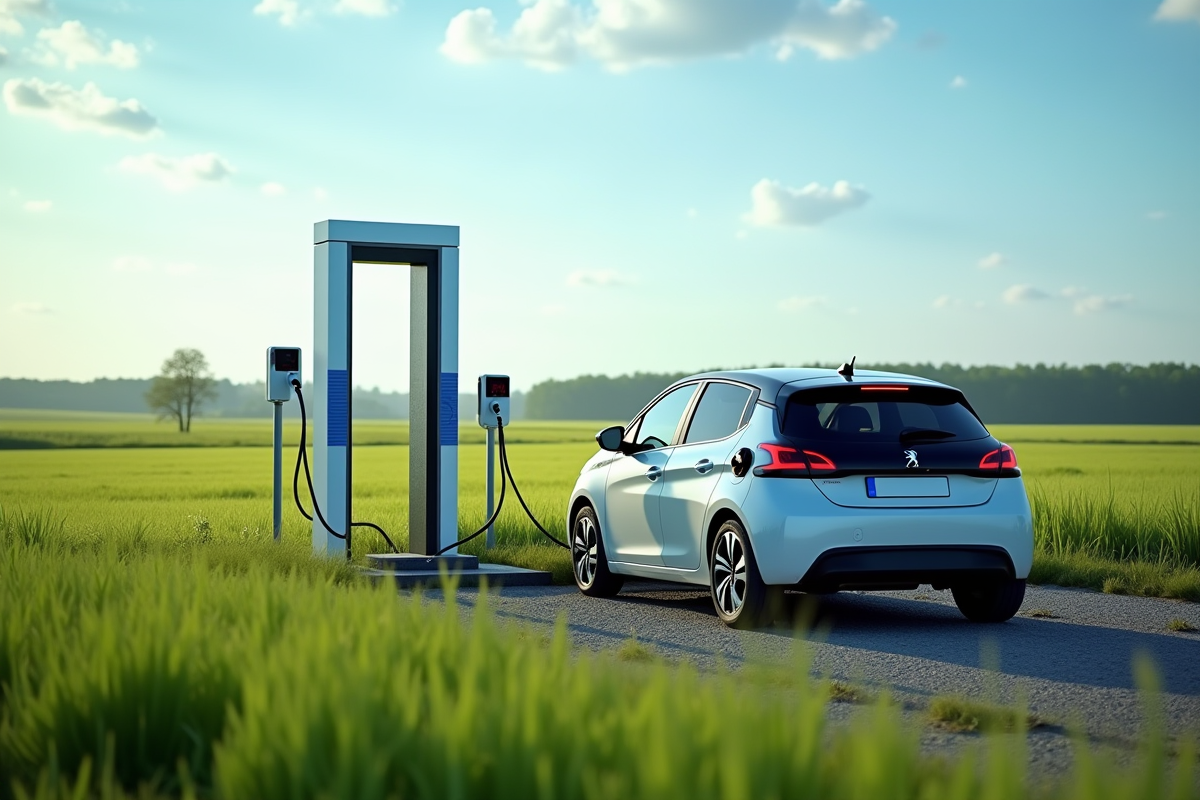 Voiture électrique Peugeot 208 en campagne avec station de recharge