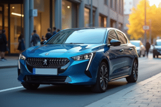Peugeot 208 électrique sur une rue urbaine moderne