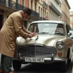 Voiture Peugeot 403 vintage garée en ville avec un homme âgé