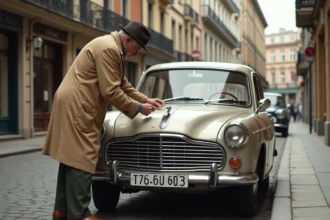 Voiture Peugeot 403 vintage garée en ville avec un homme âgé