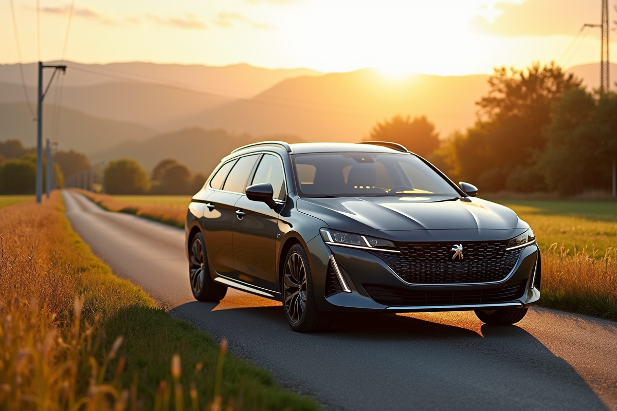 Peugeot 408 hybride en campagne ensoleillee