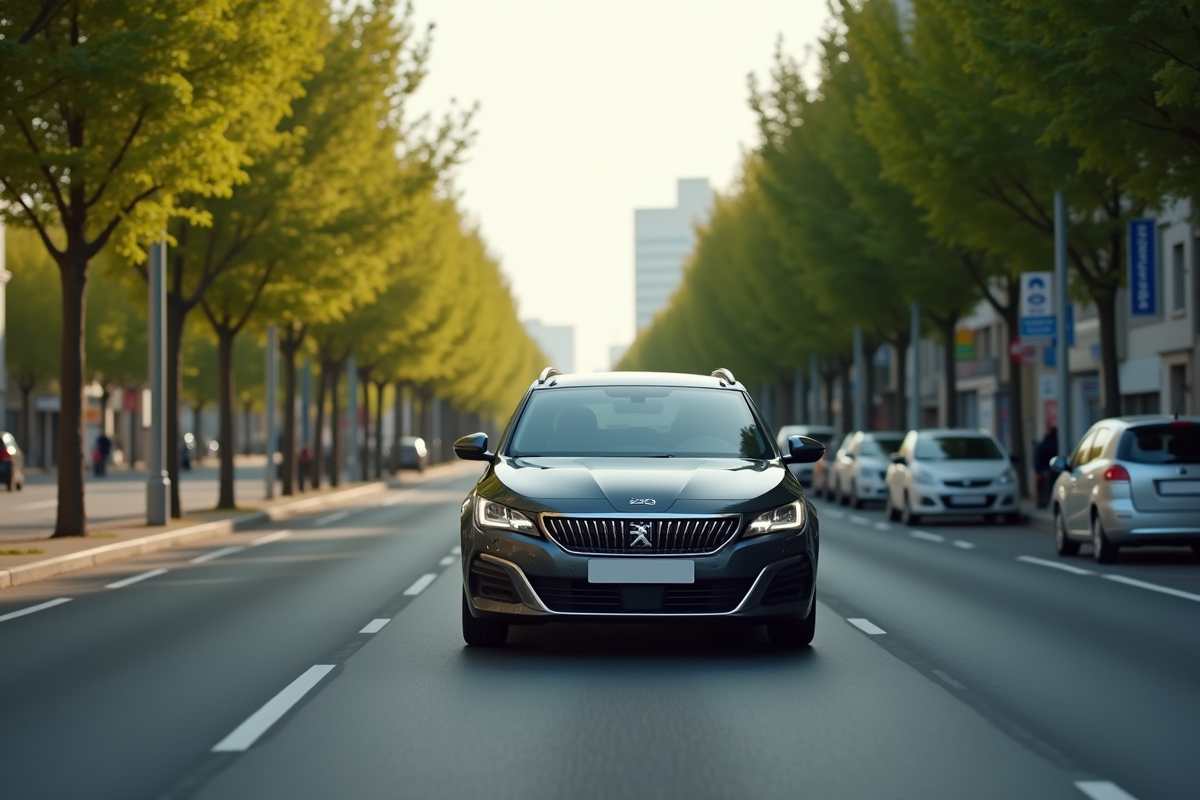 Peugeot 408 hybride en ville au matin