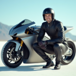 Jeune homme en combinaison de course près d'une moto rapide sur un sel