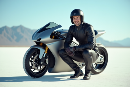 Jeune homme en combinaison de course près d'une moto rapide sur un sel