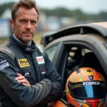 Pilote de rallye en combinaison ignifugée homologuée tenant son casque, debout près d'une voiture de compétition immatriculée avec arceau de sécurité visible