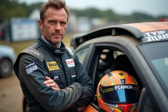 Pilote de rallye en combinaison ignifugée homologuée tenant son casque, debout près d'une voiture de compétition immatriculée avec arceau de sécurité visible