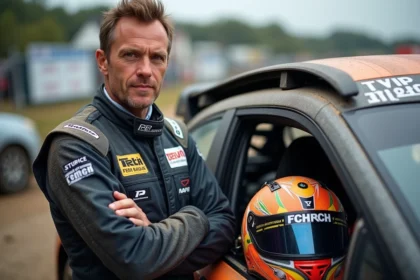 Pilote de rallye en combinaison ignifugée homologuée tenant son casque, debout près d'une voiture de compétition immatriculée avec arceau de sécurité visible