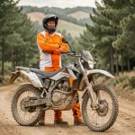 Pilote en tenue de trail debout à côté d'une moto d'enduro légère sur une piste en terre facile entourée de pins