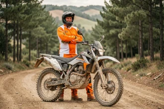 Pilote en tenue de trail debout à côté d'une moto d'enduro légère sur une piste en terre facile entourée de pins
