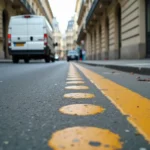 Marquage au sol en pointillés jaunes d'une place de livraison parisienne sur asphalte gris usé