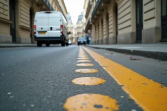 Marquage au sol en pointillés jaunes d'une place de livraison parisienne sur asphalte gris usé