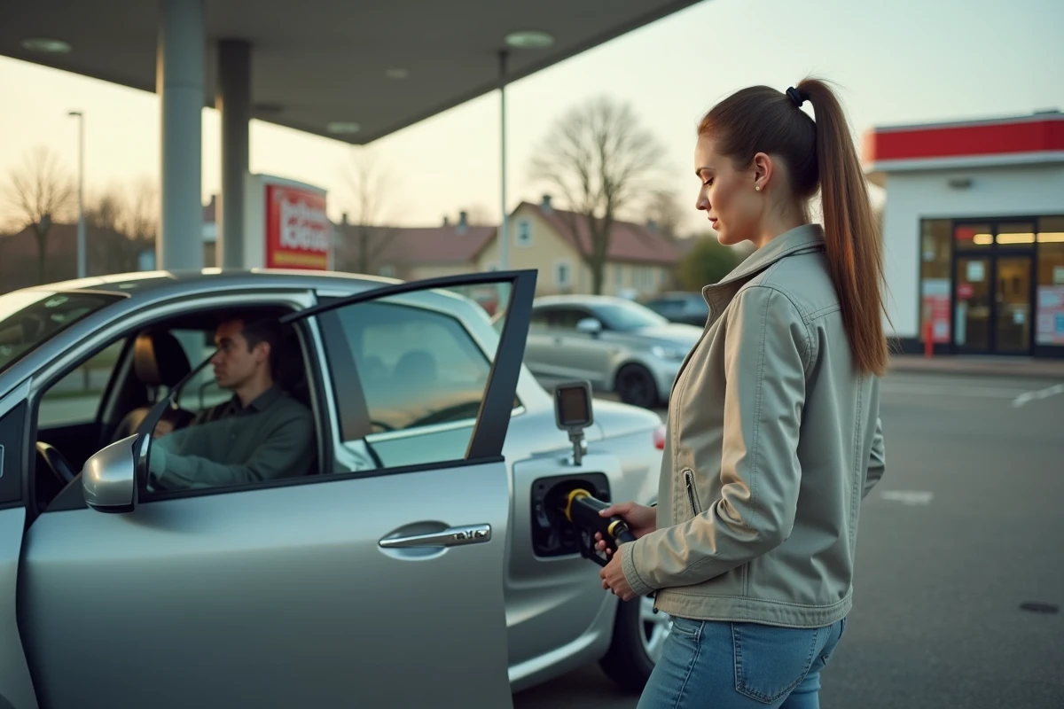 Conductrice faisant le plein de carburant dans une Peugeot 207 à une station-service