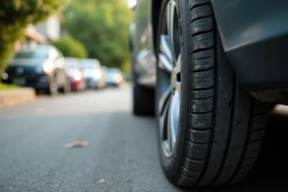 Gros plan sur un pneu de voiture usé montrant les rainures et l'état d'usure selon le type de conduite quotidienne