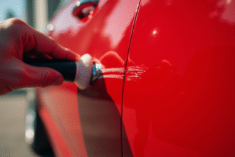 Main polissant une rayure sur une porte de voiture rouge brillante