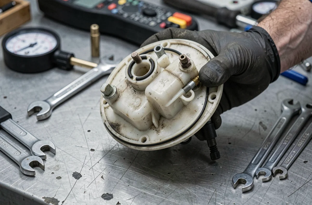 Pompe à carburant démontée d'une Peugeot 208 GTi posée sur un établi de garage avec outils de diagnostic pour identification du défaut P0087