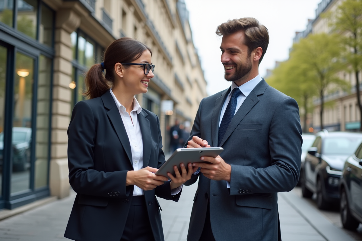 Jeunes professionnels discutent près de voitures électriques en ville