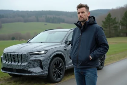 Homme en veste navy près d'un SUV prototype en campagne